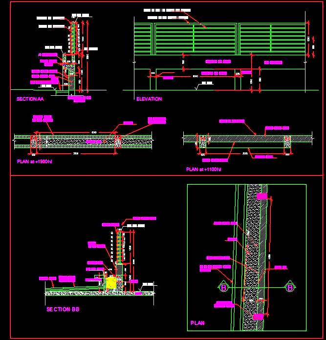 Boundary Wall with Planter and Metal Grill- AutoCAD DWG